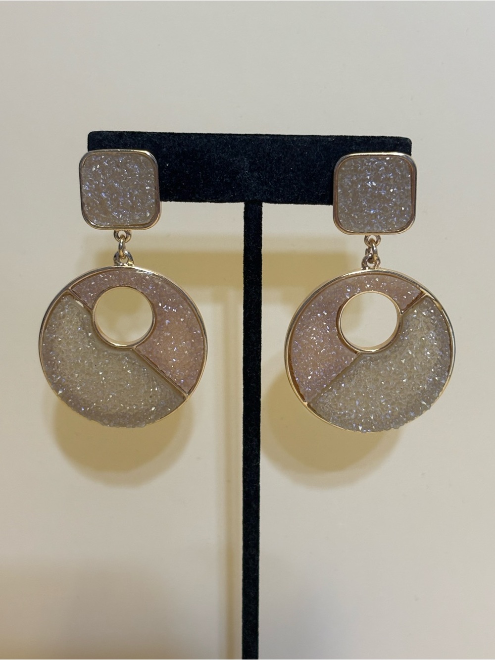 Sugarfix Gold-Tone Pale Pink and Cream Druzy Circle Drop Earrings 2-3/8”